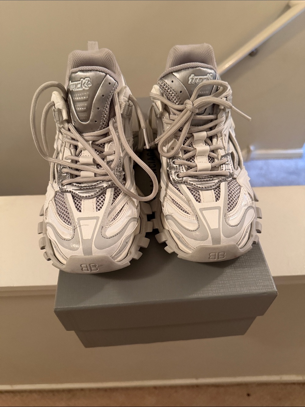 Balenciaga White & Light Gray Layered Track Sneakers.  Only worn a couple times - Picture 3 of 4